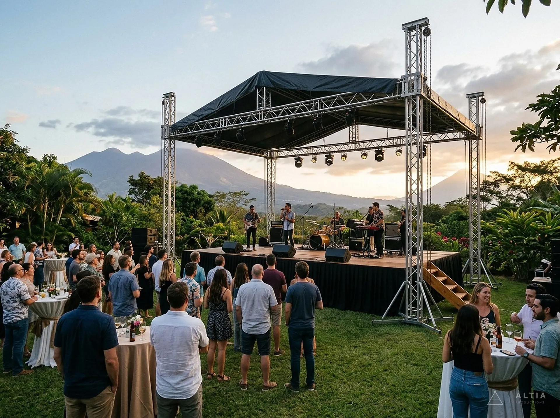 Escenario con techo de truss montado al aire libre en un jardín