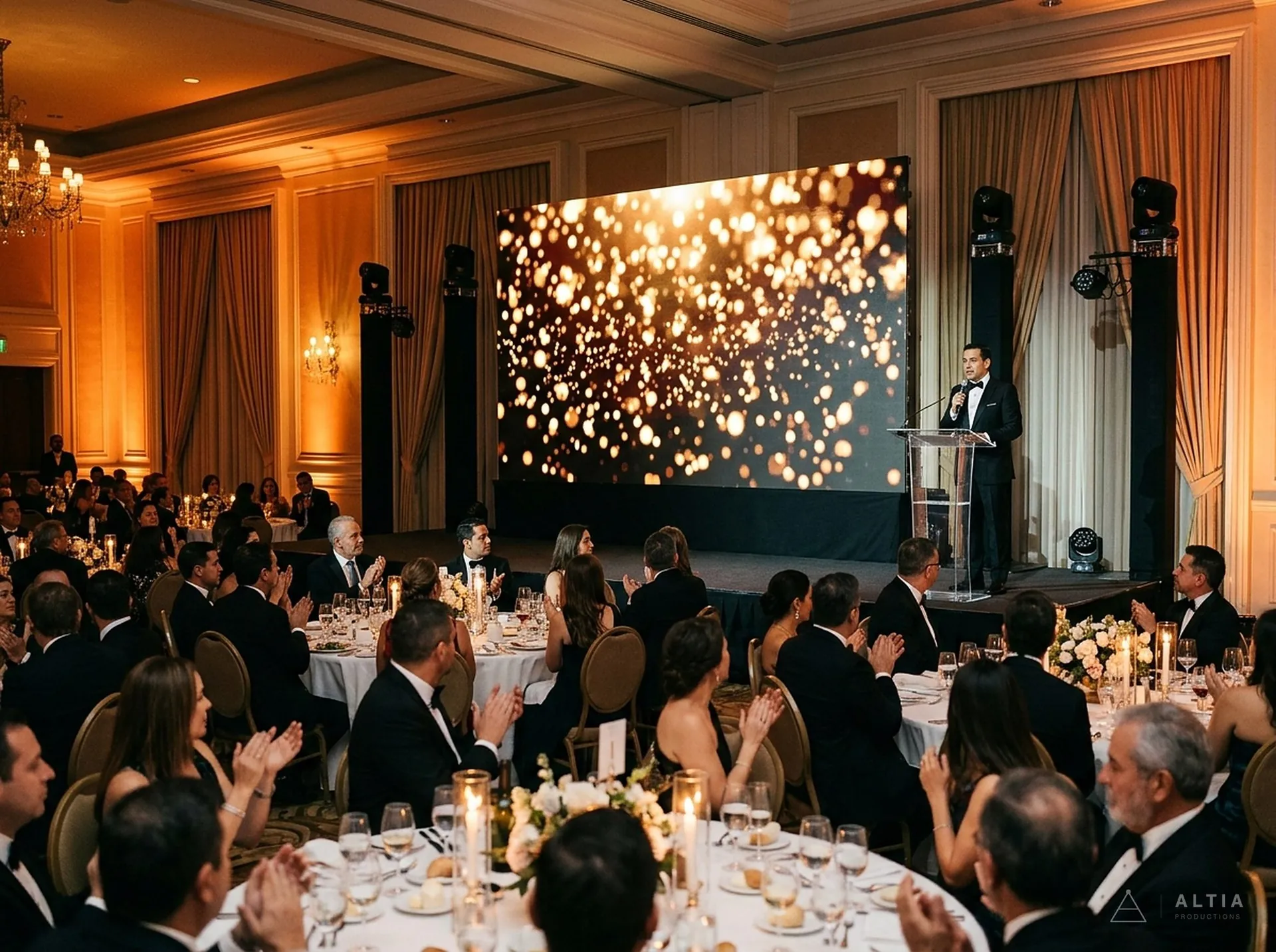 Muro de pantalla LED detrás del podio en una cena de gala en un salón de hotel