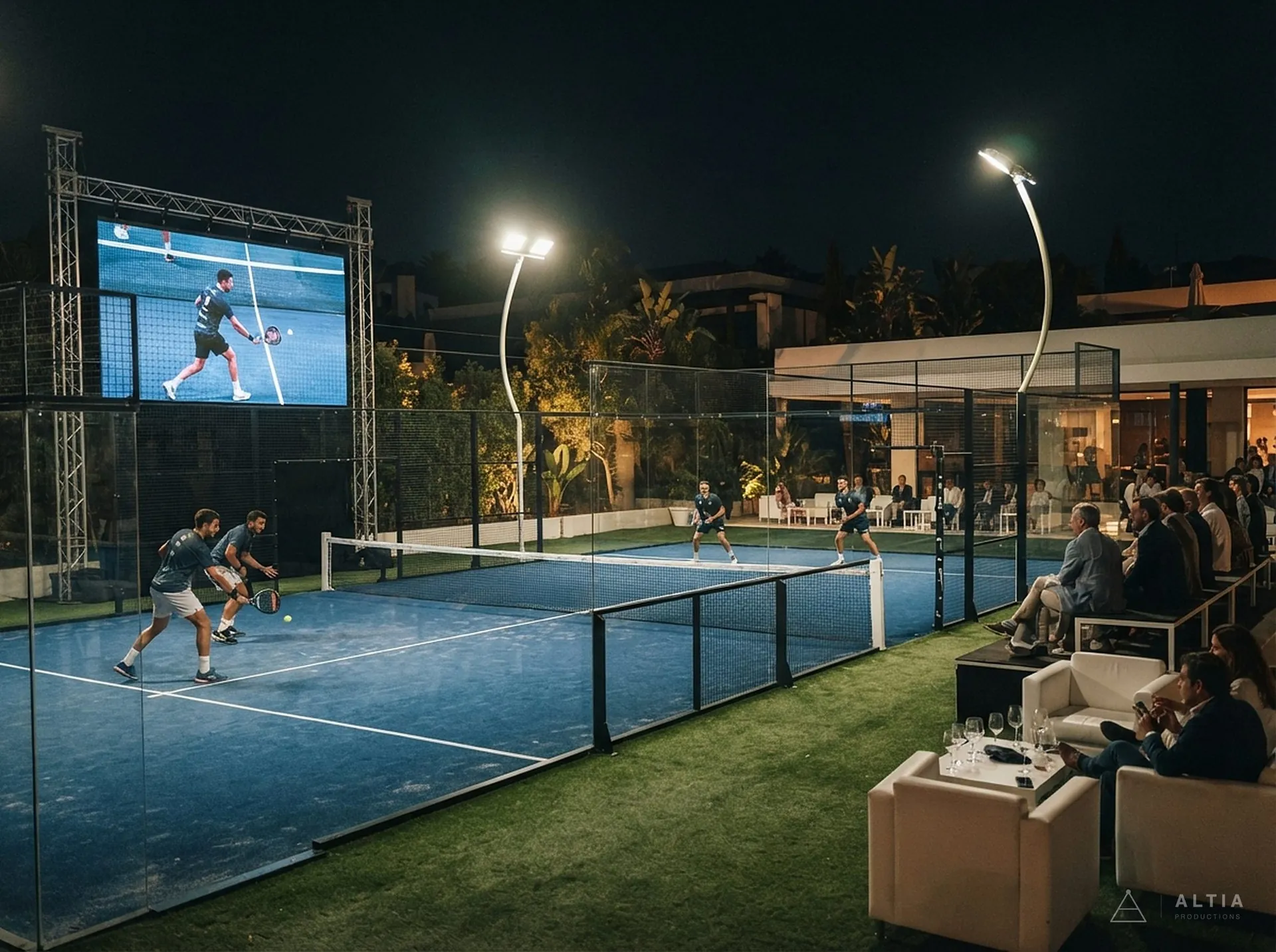 Torneo de pádel de noche con pantalla LED junto a la cancha