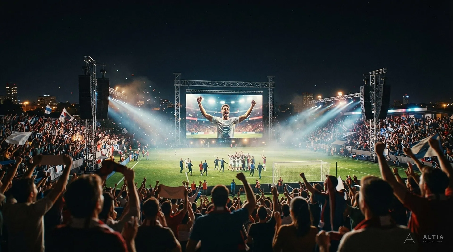 Evento deportivo nocturno en un estadio con pantalla LED gigante, escenario y luces