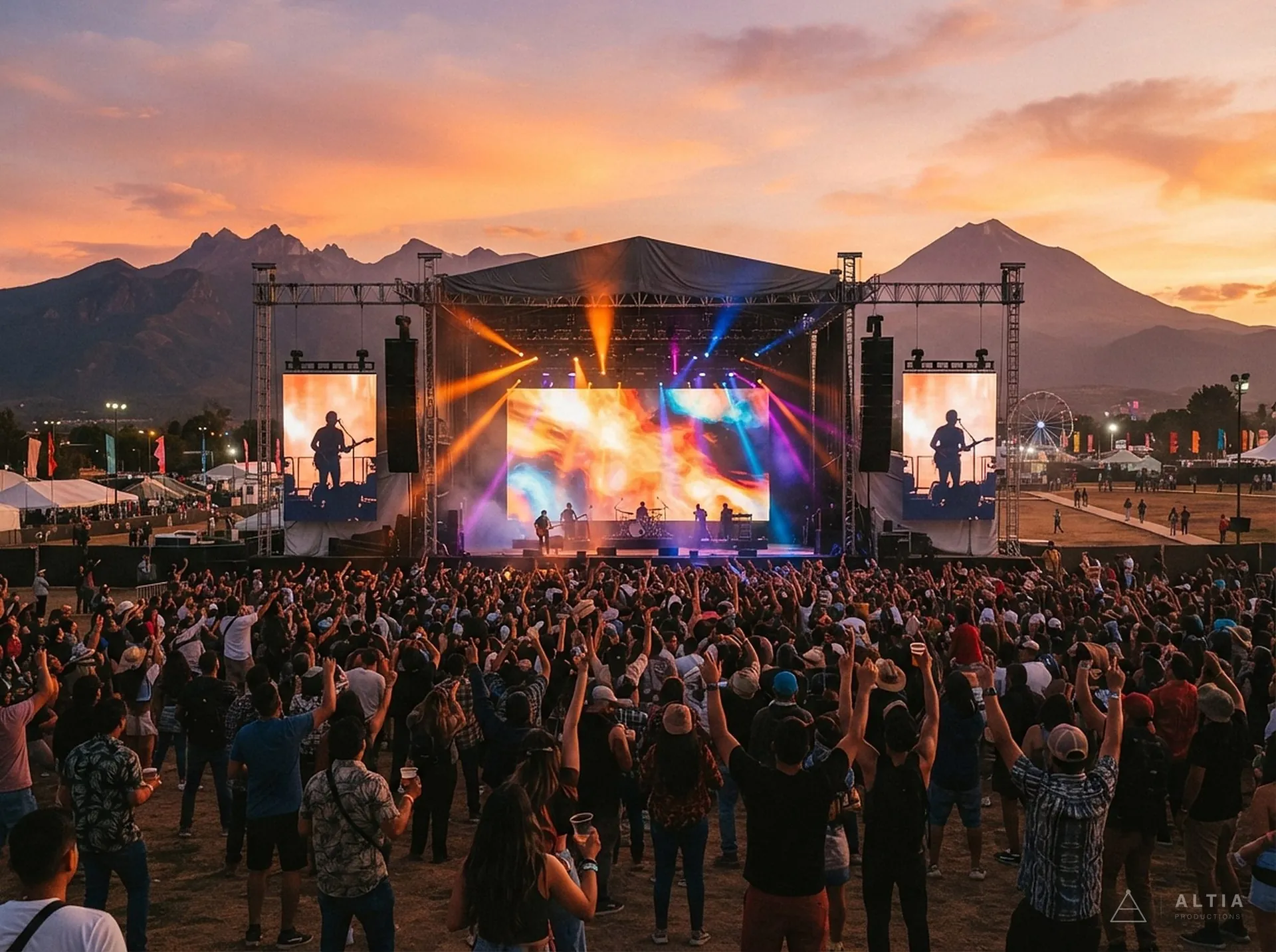 Festival de música al atardecer con escenario, pantallas LED y volcanes al fondo