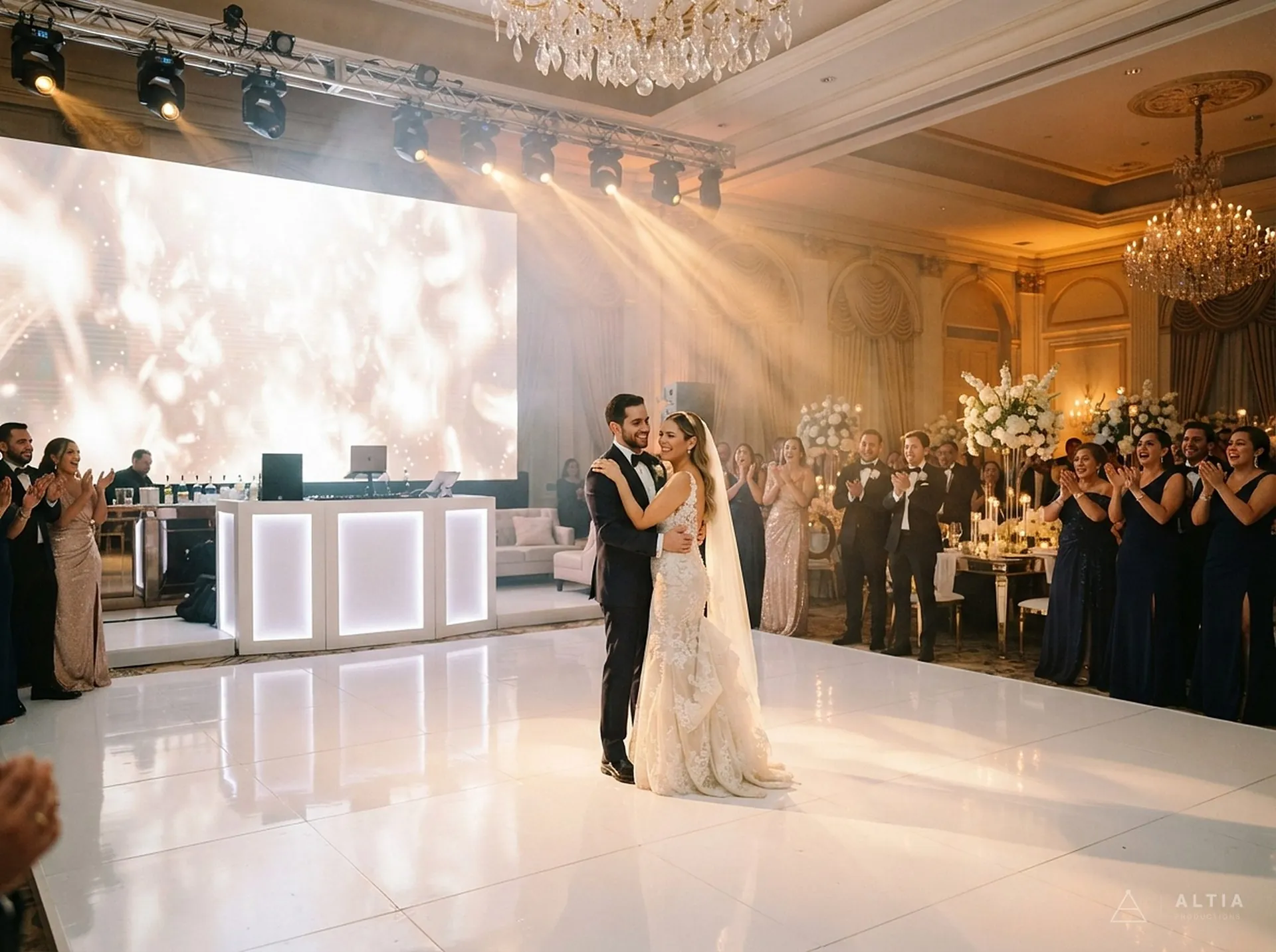 Primer baile de una boda en un salón, con pantalla LED, DJ booth, pista de baile iluminada y luces de escenario