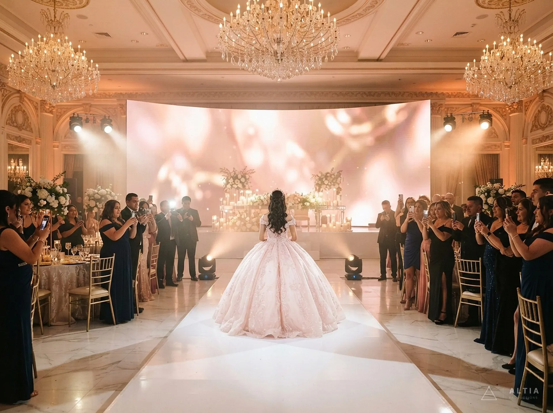 Fiesta de XV años en un salón con pantalla LED, pista de baile y candelabros